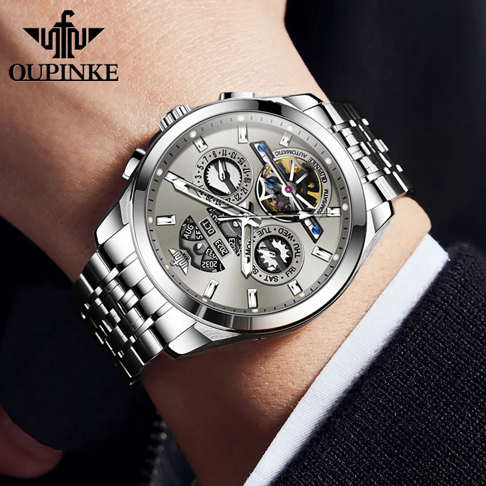 OUPINKE 3251 Watch For Men Auto Date Hollow Skeleton Luxury Automatic Mechanical Hand Clock Top Brand Waterproof Man Watches