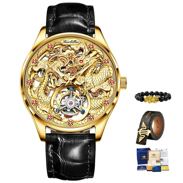 OUPINKE 3176 Real Tourbillon Watch for Men Gold Dragon Watch Skeleton Automatic Mechanical Wristwatch High-end Luxury Man Watch