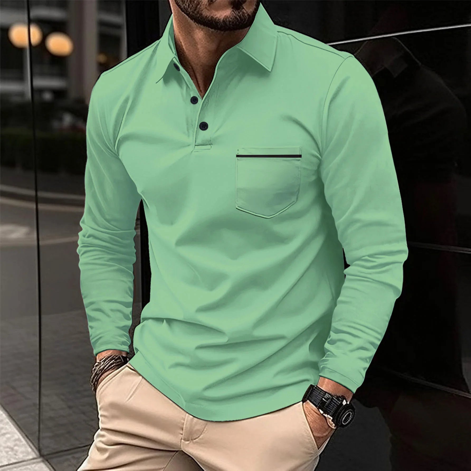New men's casual long-sleeved polo shirt - solid-colored lapel polo shirt, stylish, breathable, comfortable and versatile top.