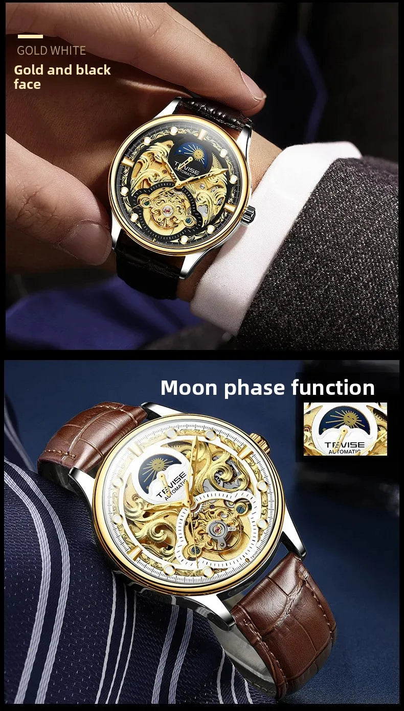 New 2025 Men's Automatic Leather Belt Watch Waterproof Business Casual Mechanical Wristwatch Hollow Design Live Broadcast Delive