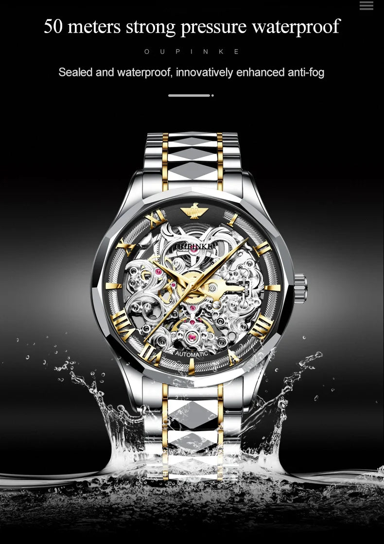 OUPINKE Tungsten Steel Strip Men's Watches Fully Transparent Dial Automatic Mechanical Watch Waterproof Sapphire Mirror Surface