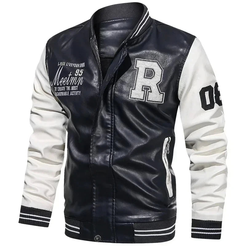 Men's American Leather Baseball Jacket Casual Color Block PU Pilot Coat Spring Autumn Leather Jacket Motorcycle Suit Jackets Men