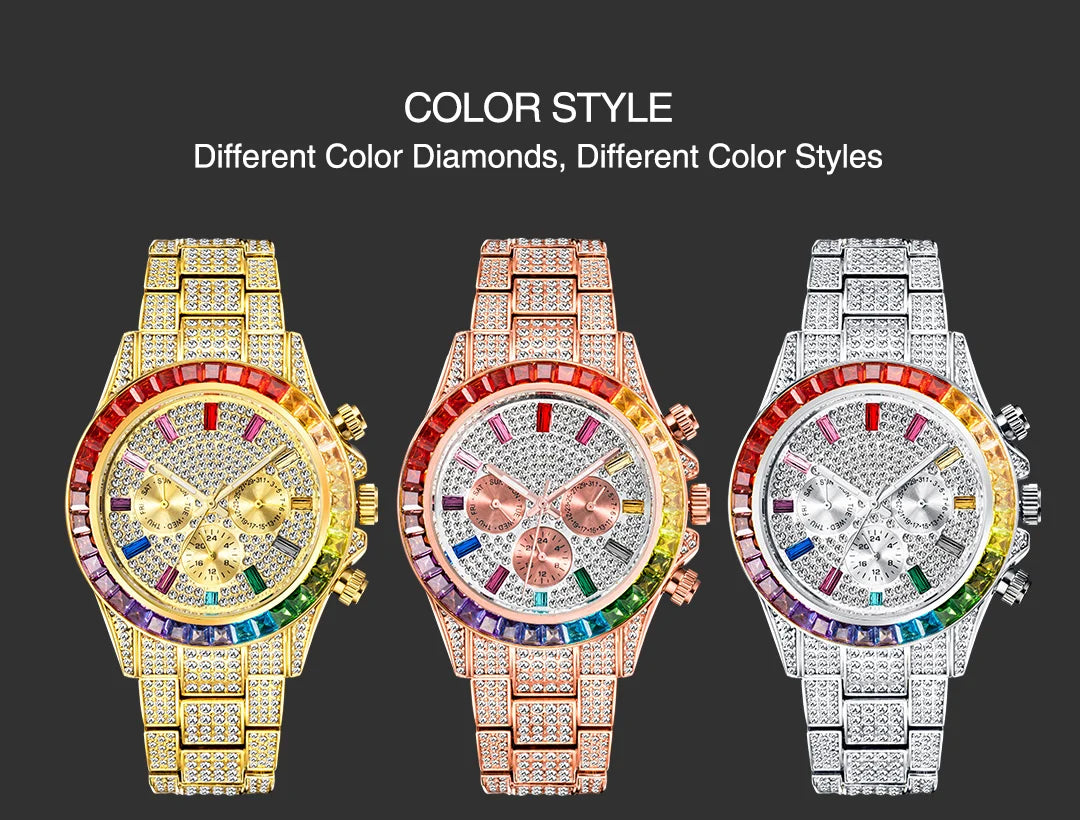 MISSFOX Blingbling Wristwatch For Men Luxury Colour Diamond Calendar Quartz Watch Hip Hop Fashion Waterproof Man Clock Hot Sale