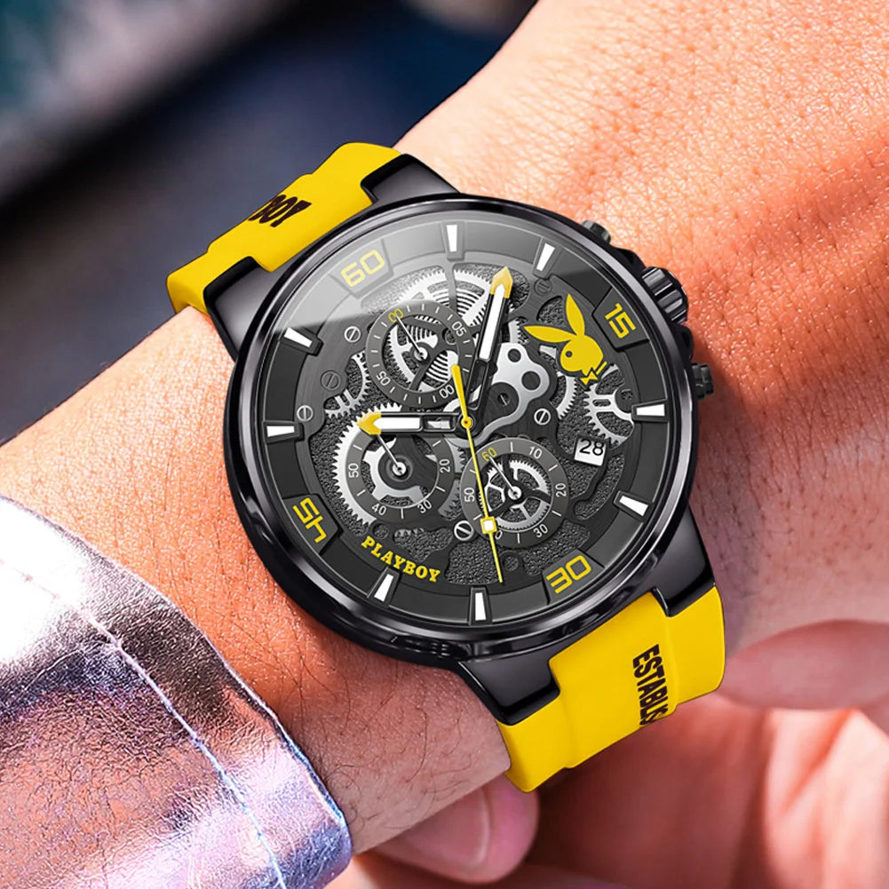 PLAYBOY Luxury Original Watch for Men Silicone Strap Fashion Quartz Men's Wrist Watches Waterproof Luminous Sports Male Watch