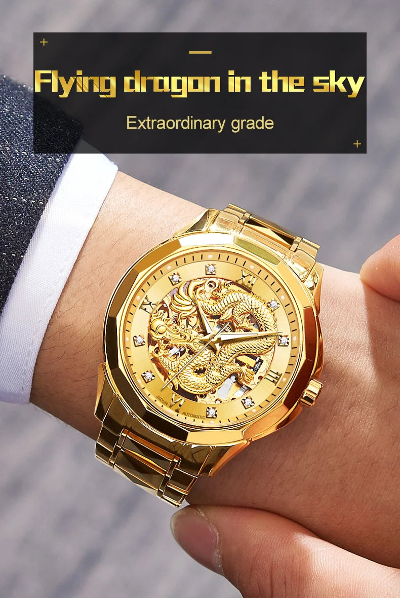 JSDUN Gold 3D Dragon Dial Watch For Men Luxury Brand Automatic Mechanical Watch Stainless Steel Strap Hollow-carved Reloj Hombre