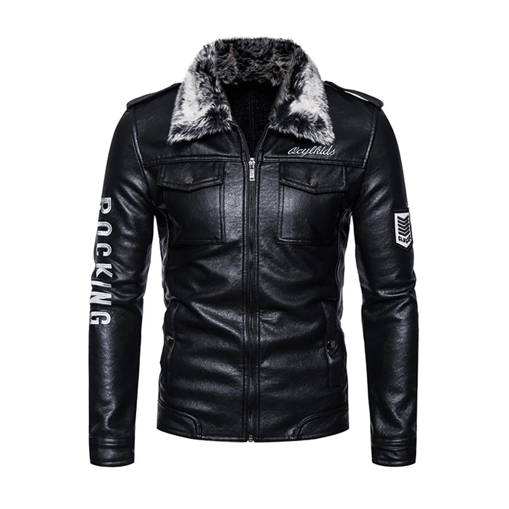 Men's faux leather jacket, coarse velvet leather jacket with motorcycle lapel, fashionable multi-pocket fitted casual coat