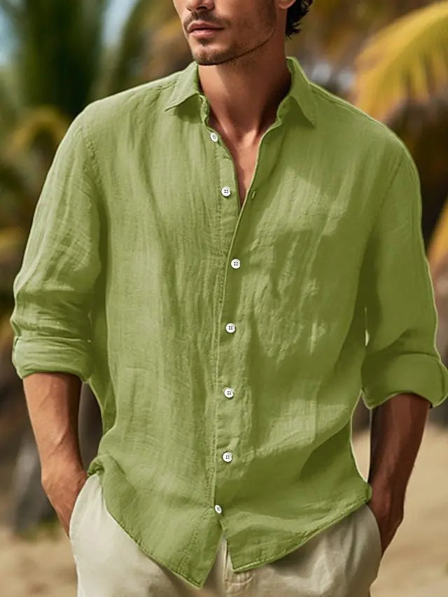 Men's Long-sleeved Top in 2025,Made of Cotton and Linen, Solid Color, Turn-down Collar, in a Casual Style Shirt  linen shirt men