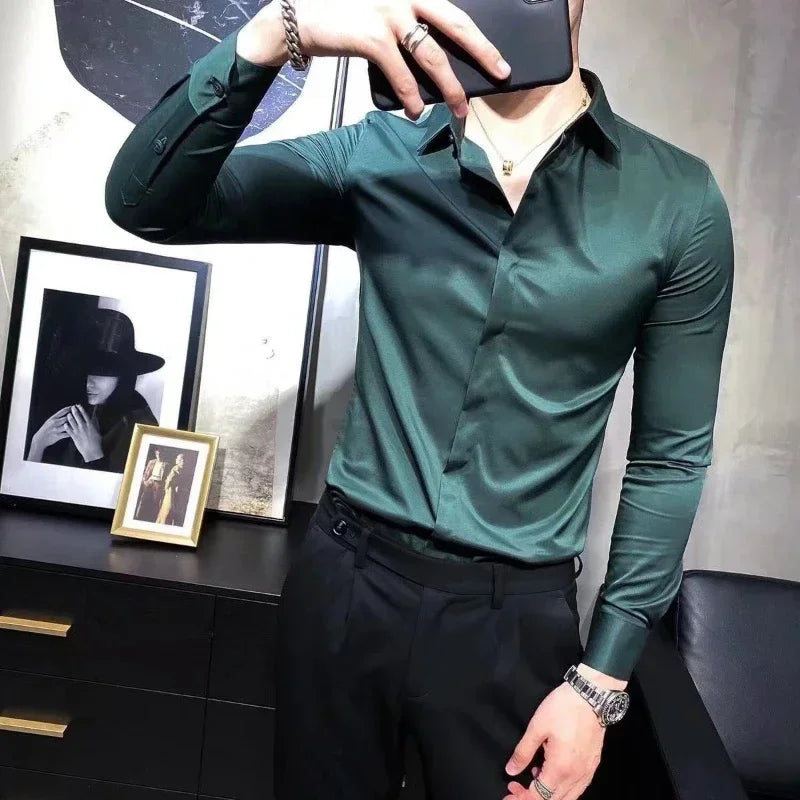 Men's Shirt And Blouse Business Green Long Sleeve Male Top Plain Clothes Designer Elegant New In Silk Button Fashion 2024 Luxury