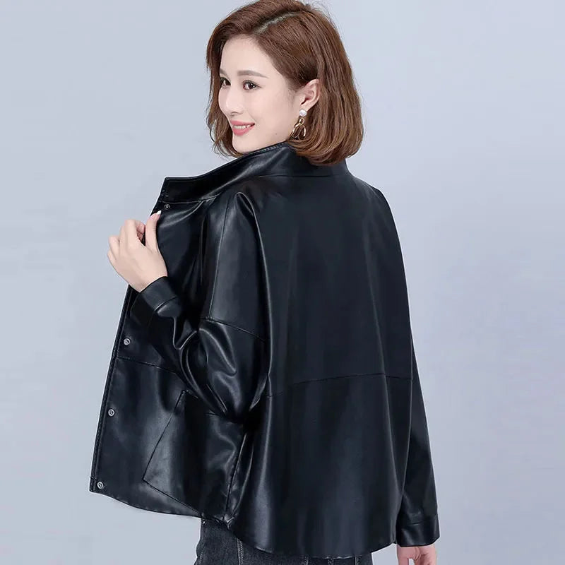 High end Women's Leather Jacket 2025 Autumn New Middle aged Woman Loose Leather Coat With lining Imitation Sheepskin Jackets