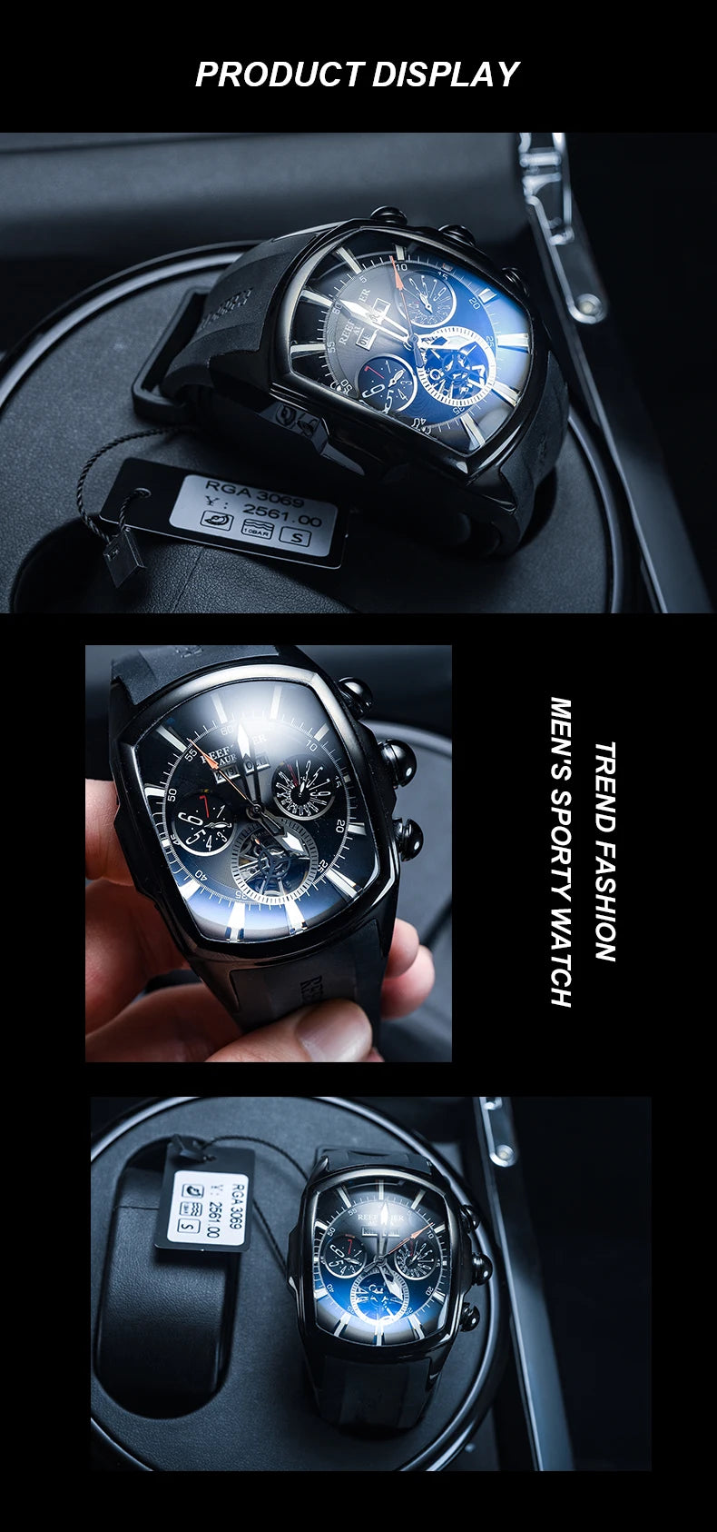 Reef Tiger 316L Stainless Steel Wine Barrel Automatic Watch Fashion Mulitfunction Tourbillon Mechanical Watches for Men RGA3069