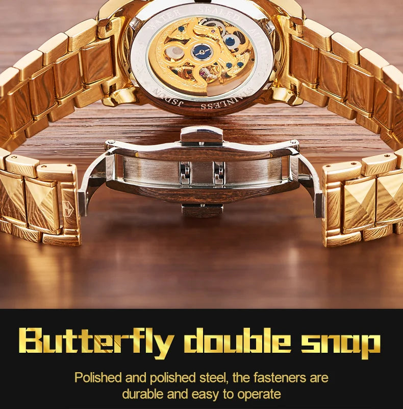 JSDUN Gold 3D Dragon Dial Watch For Men Luxury Brand Automatic Mechanical Watch Stainless Steel Strap Hollow-carved Reloj Hombre
