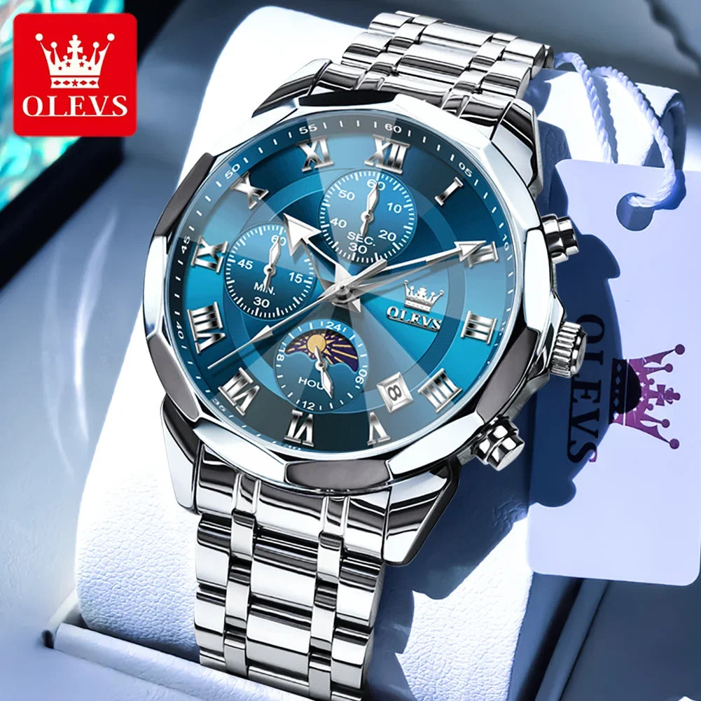 OLEVS 3675 Men's Multifunctional Chronograph Quartz Watch Waterproof Moon Phase Display Fashionable Gift for Men