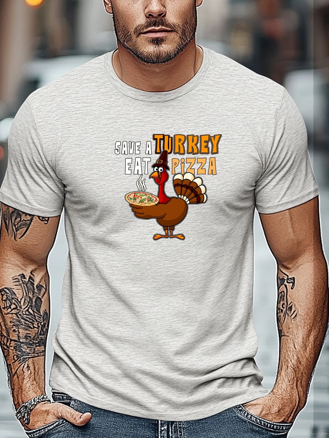Men t-shirt SAVE A TURKEY EAT PIZZA Graphic Summer Soft Comfort Fit Tee Daily Wear Tops