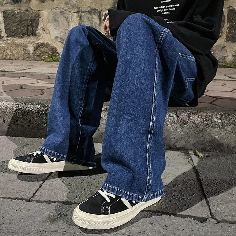 Korean Fashion Classic Jeans Men's Four Seasons Loose Straight Wide Leg Pants Street Hip-Hop Baggy Student Unisex Pants