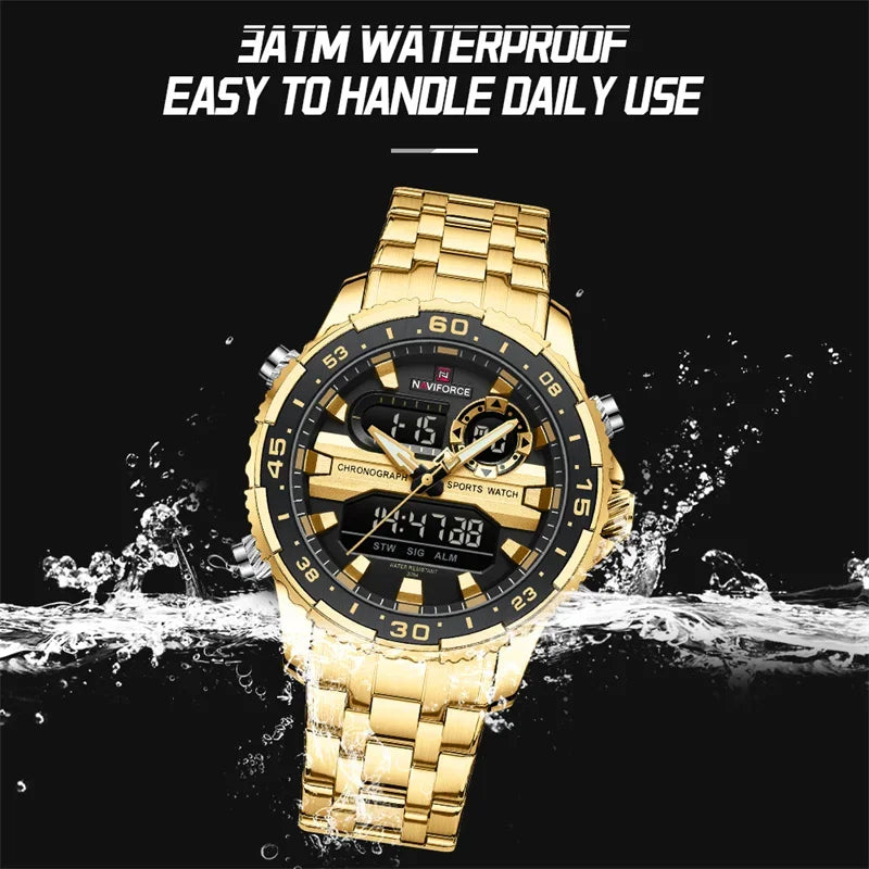 NAVIFORCE Men's Watch Luxury Waterproof Sports Chronograph Quartz Steel Band Wristwatch Digital Date and Week Display Male Clock