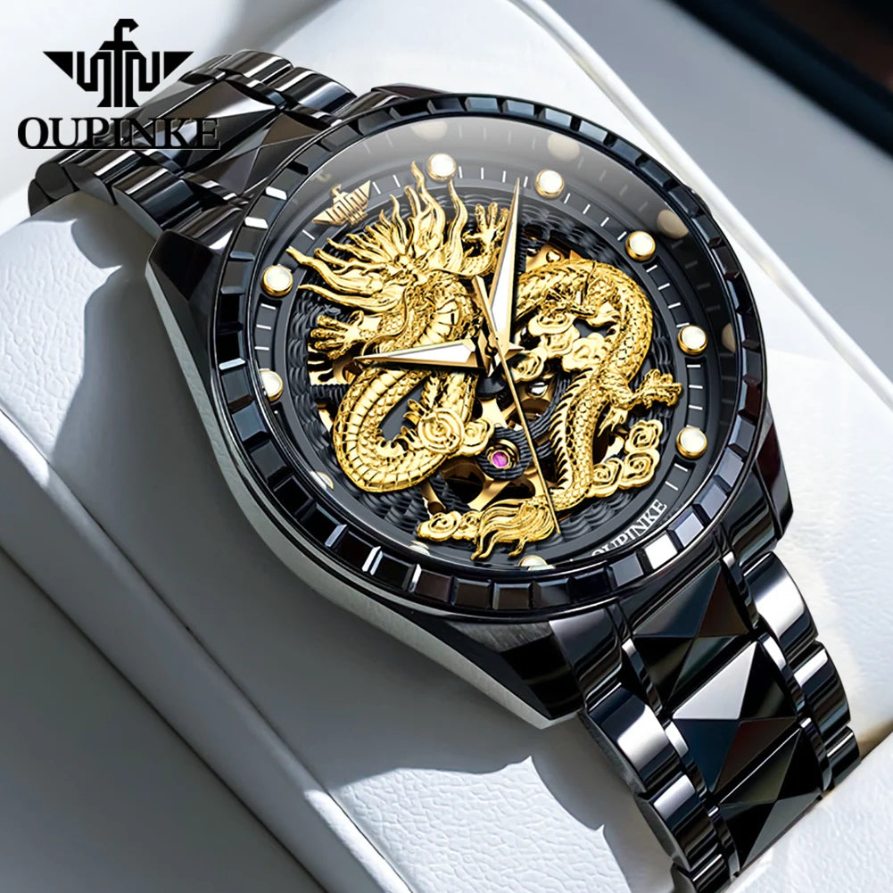 OUPINKE Men's Watches Top Brand Luxury Gold Tungsten Steel Original Automatic Mechanical Wristwatch Featured Dragon Pattern Dial