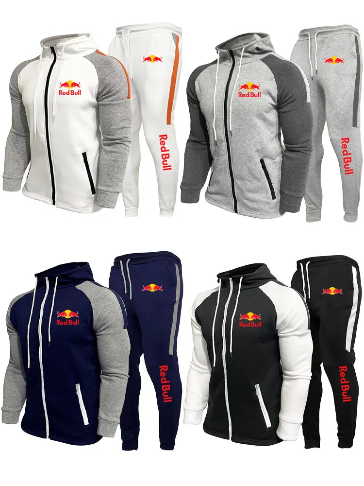 2025 New Red Bull Logo Racing Suit Men's Outdoor Sports Set Running Hooded Jacket Sweatshirt Sports Pants Two-Piece Training Set