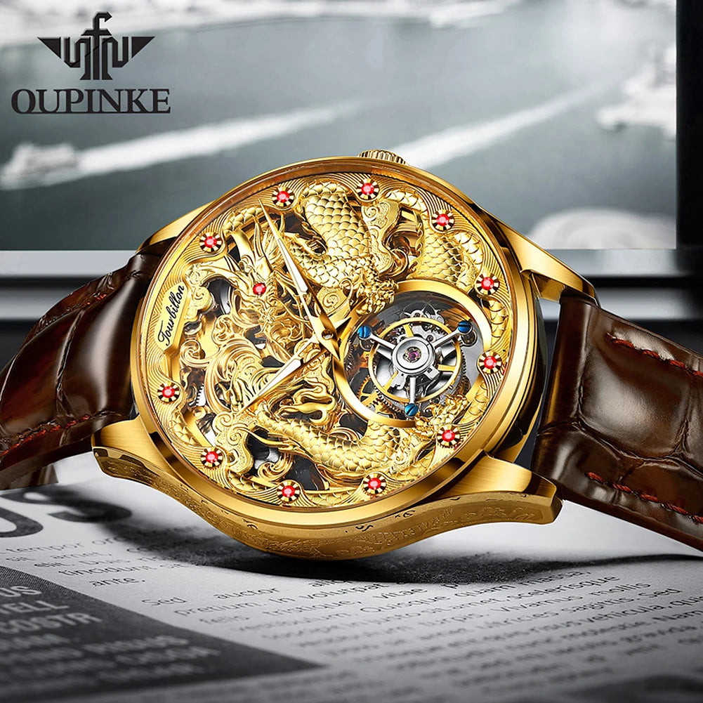 OUPINKE 3176 Top Brand Tourbillon Watch for Men Original Leather Strap Golden Dragon Design Automatic Mechanical Movement Watch
