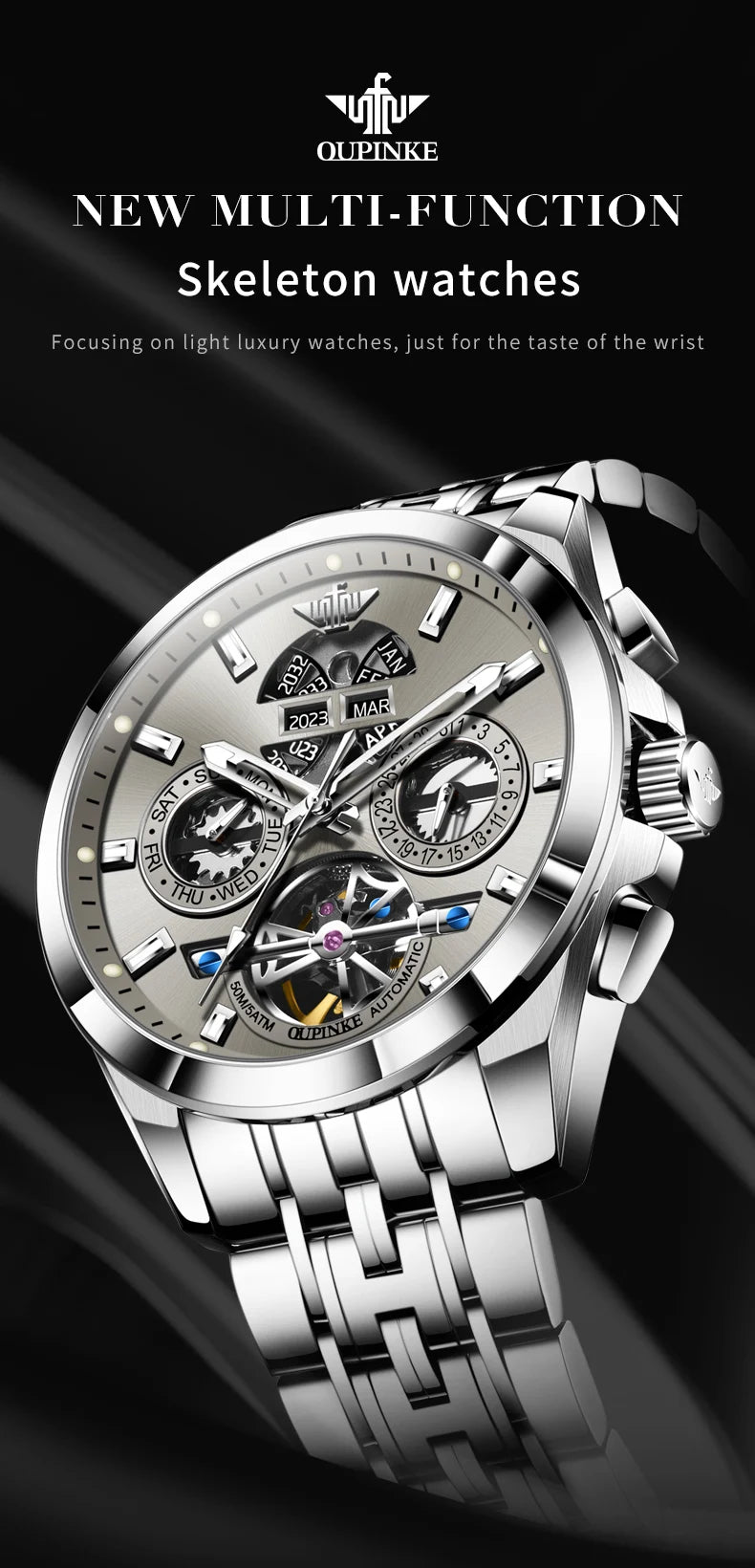 OUPINKE 3251 Mens Watch Luxury Sapphire Glass Tourbillon Mechanical Watch Tungsten Steel 50M Waterproof Watch For Man Gift Box