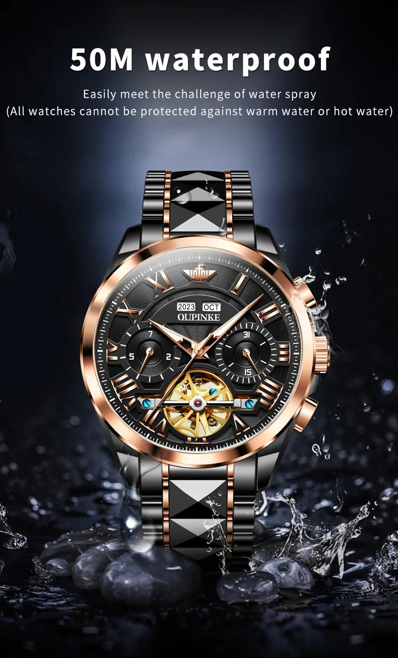 OUPINKE 3236 Men Watch Hollow Skeleton Date Luxury Mechanical Watch For Men Deep Waterproof Roman Scale Male Business Wristwatch