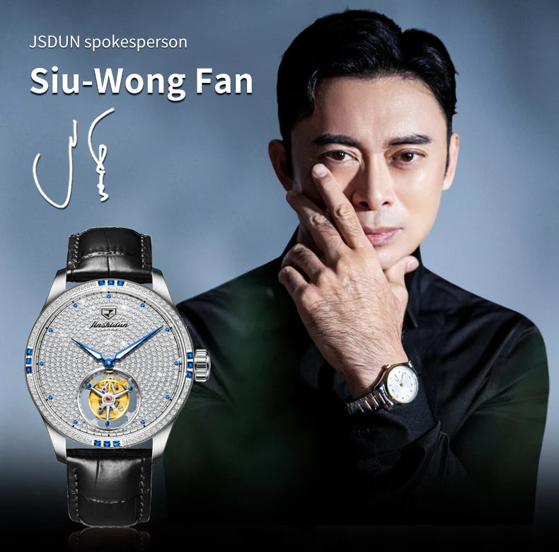 JSDUN Fully Diamond Tourbillon Automatic Watch for Men Genuine Leather Strap Sapphire Mirror Luxury Mechanical Man Wrist Watches