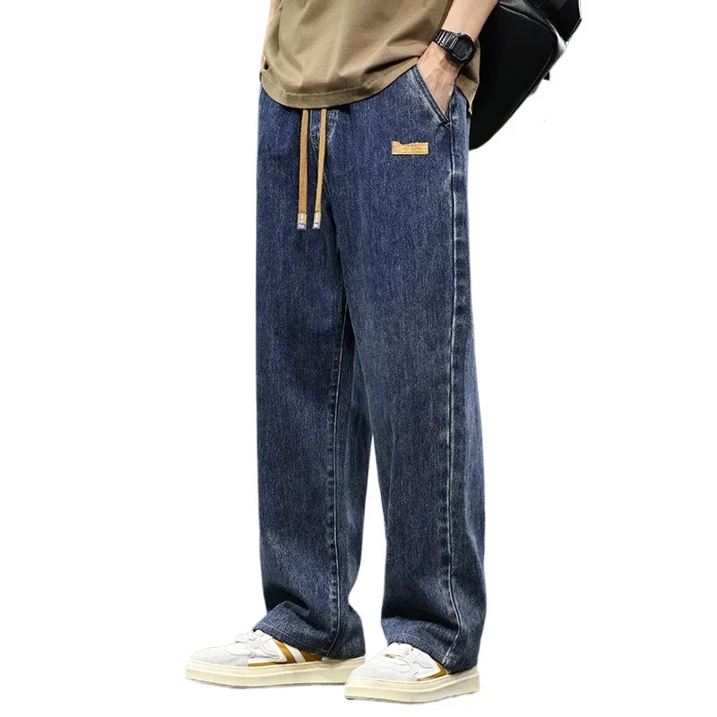 Branded Men's Baggy Jeans Classic Drawstring Loose Casual Straight Pants College Students Daily Versatile Blue Pants