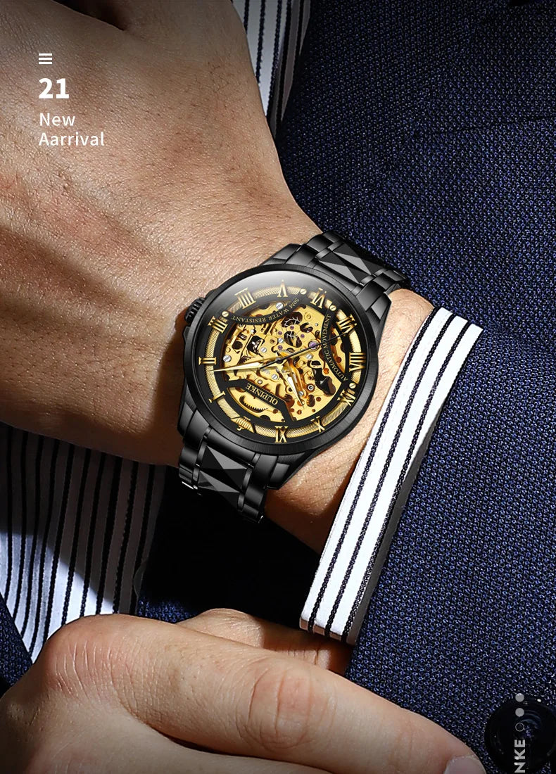 OUPINKE 3210 Gold Men Fully Automatic Mechanical Watch High end Original 3D Hollow Design Waterproof Luminous Men Watch Luxury