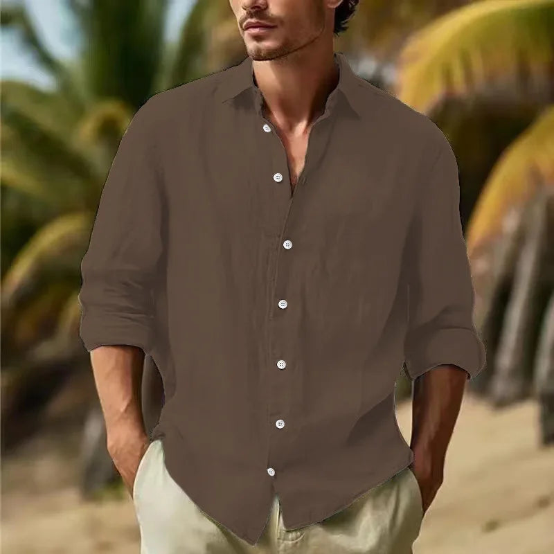 Men's Long-sleeved Top in 2025,Made of Cotton and Linen, Solid Color, Turn-down Collar, in a Casual Style Shirt  linen shirt men