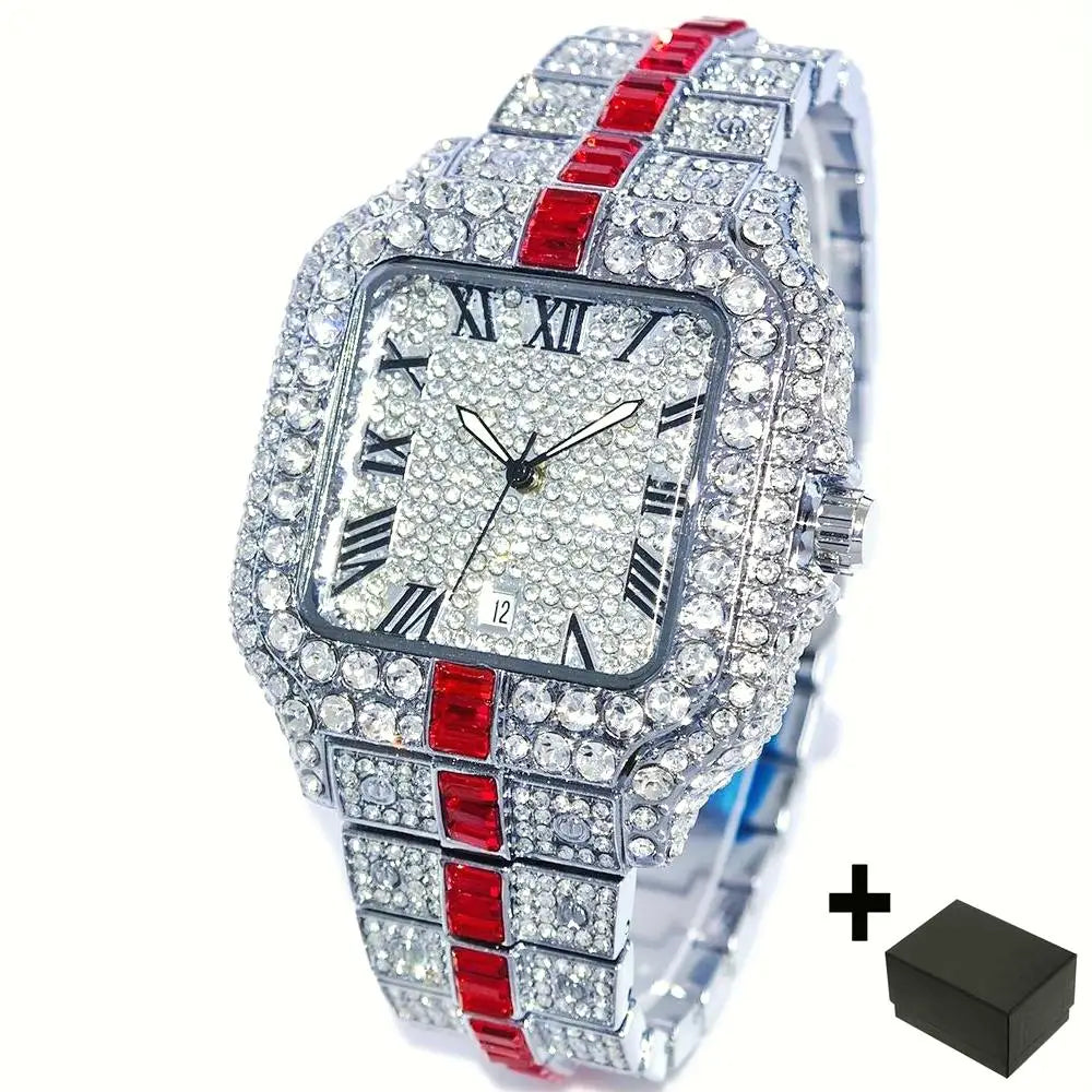Fashion Watch For Men Brand UNIGUET Luxury Square Iced Out Quartz Watch Man Hip Hop Blue Diamond Jewelry Wristwatch Reloj Hombre