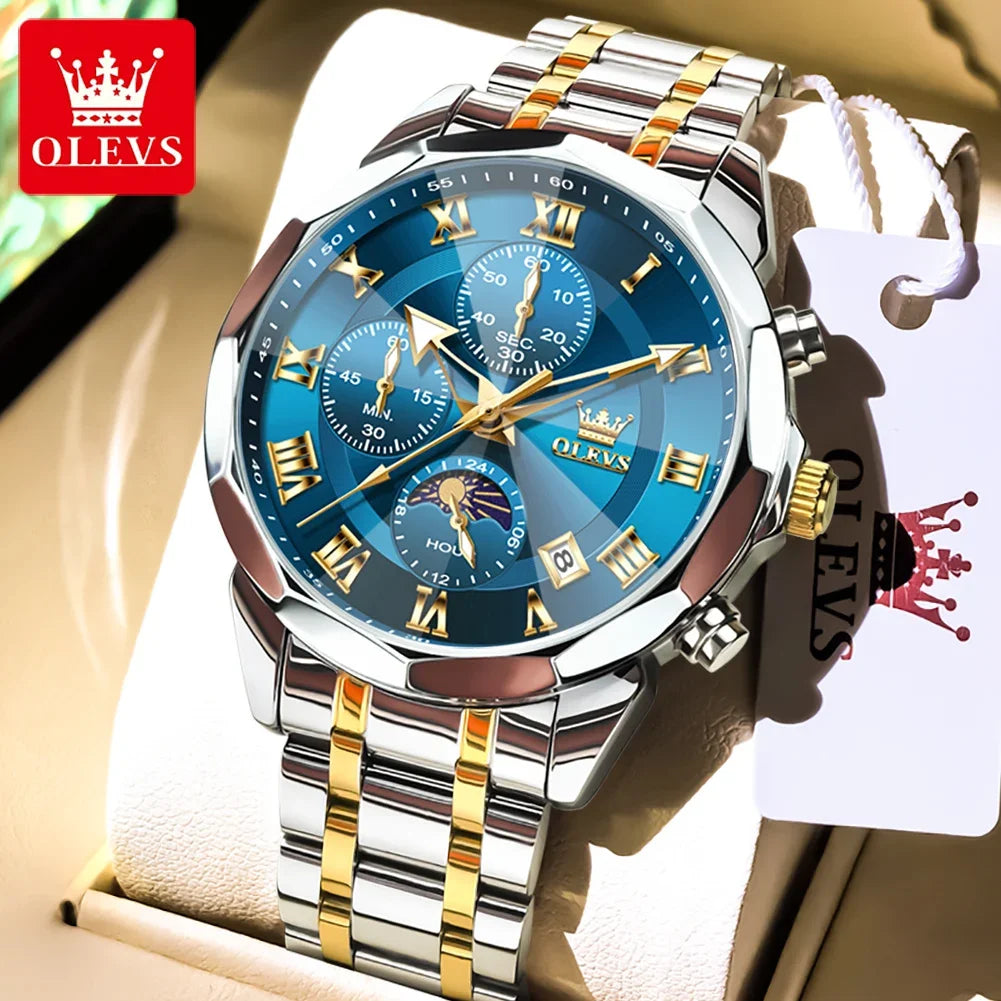 OLEVS 3675 Men's Multifunctional Chronograph Quartz Watch Waterproof Moon Phase Display Fashionable Gift for Men