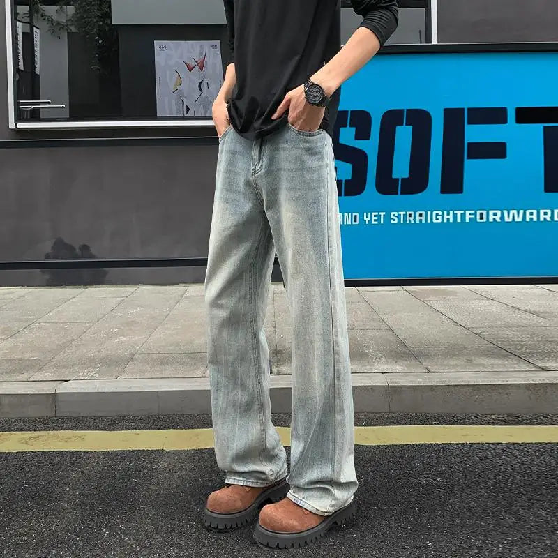 M-XXXXXL Flared Bolt Print Jeans Stitched Denim Pants Vintage Retro High Waisted Bell Bottom Trousers for Men Casual Streetwear