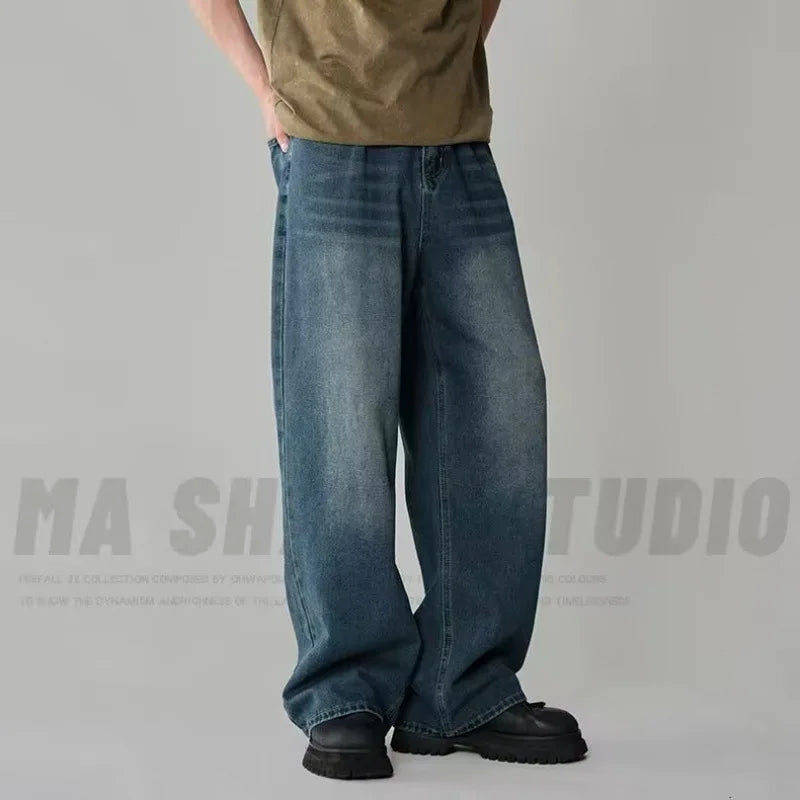 Men's New Denim Pants Old Blue Black Washed Spring Autumn Male Jeans Straight Casual Menwear Loose Wide Leg Trousers New Fashion
