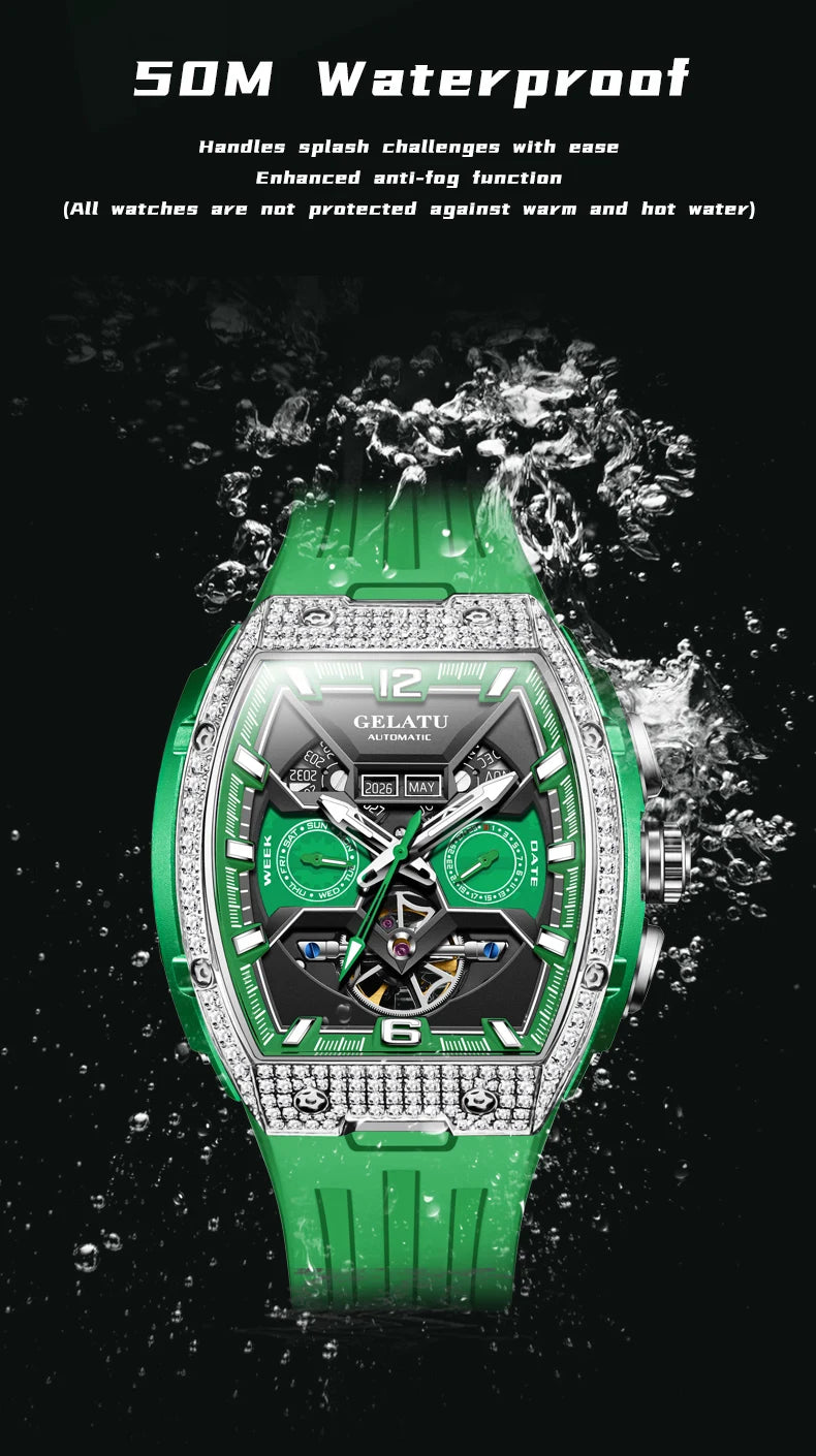 GELATU 6016 High-end Full Diamond Automatic Mechanical Watch for Men Multifunction Hollow Silicone Strap Men's Wristwatches