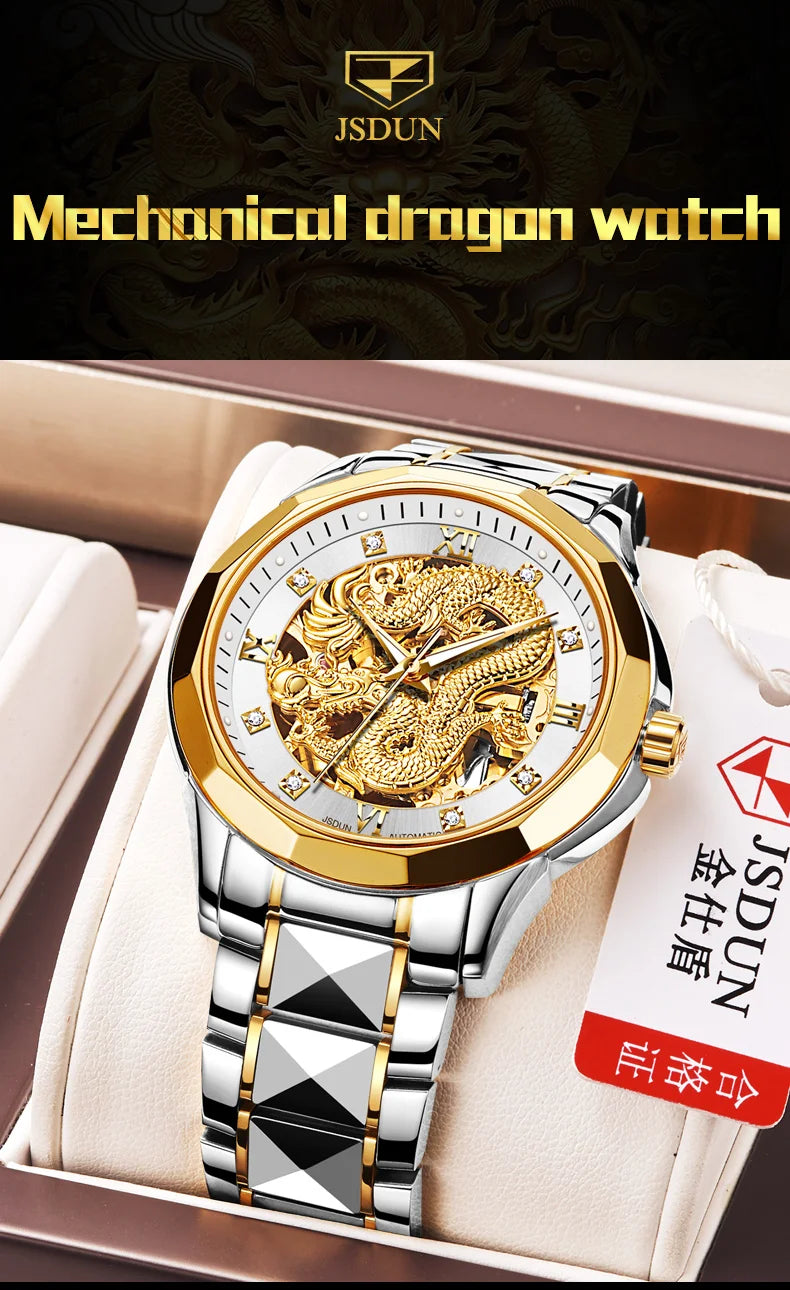 JSDUN Gold 3D Dragon Dial Watch For Men Luxury Brand Automatic Mechanical Watch Stainless Steel Strap Hollow-carved Reloj Hombre