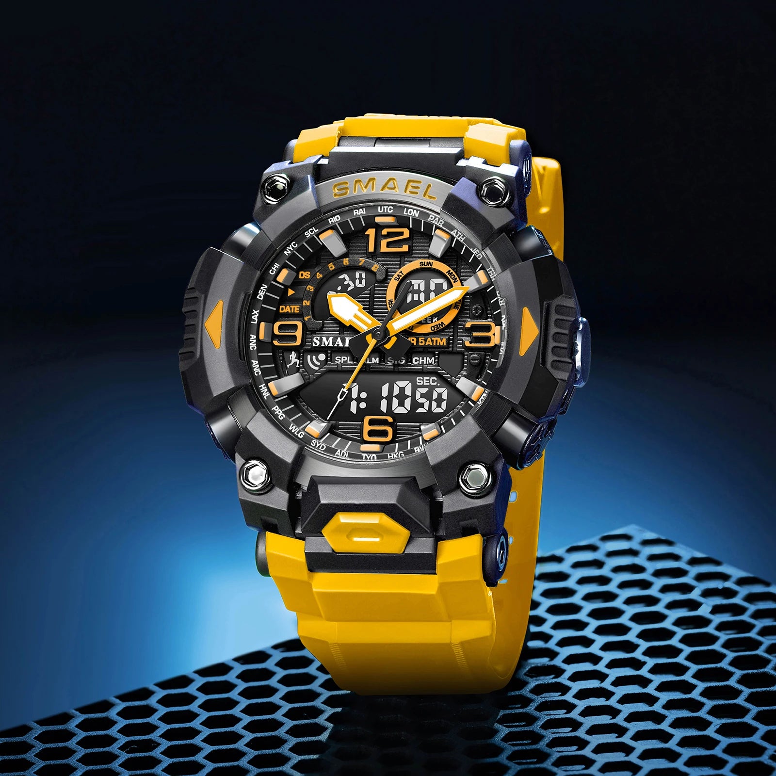 SMAEL Fashion Sports Casual Electronic Man Watch Dual Digital Display Silicone Strap Luminous Waterproof Alarm Watches for Men