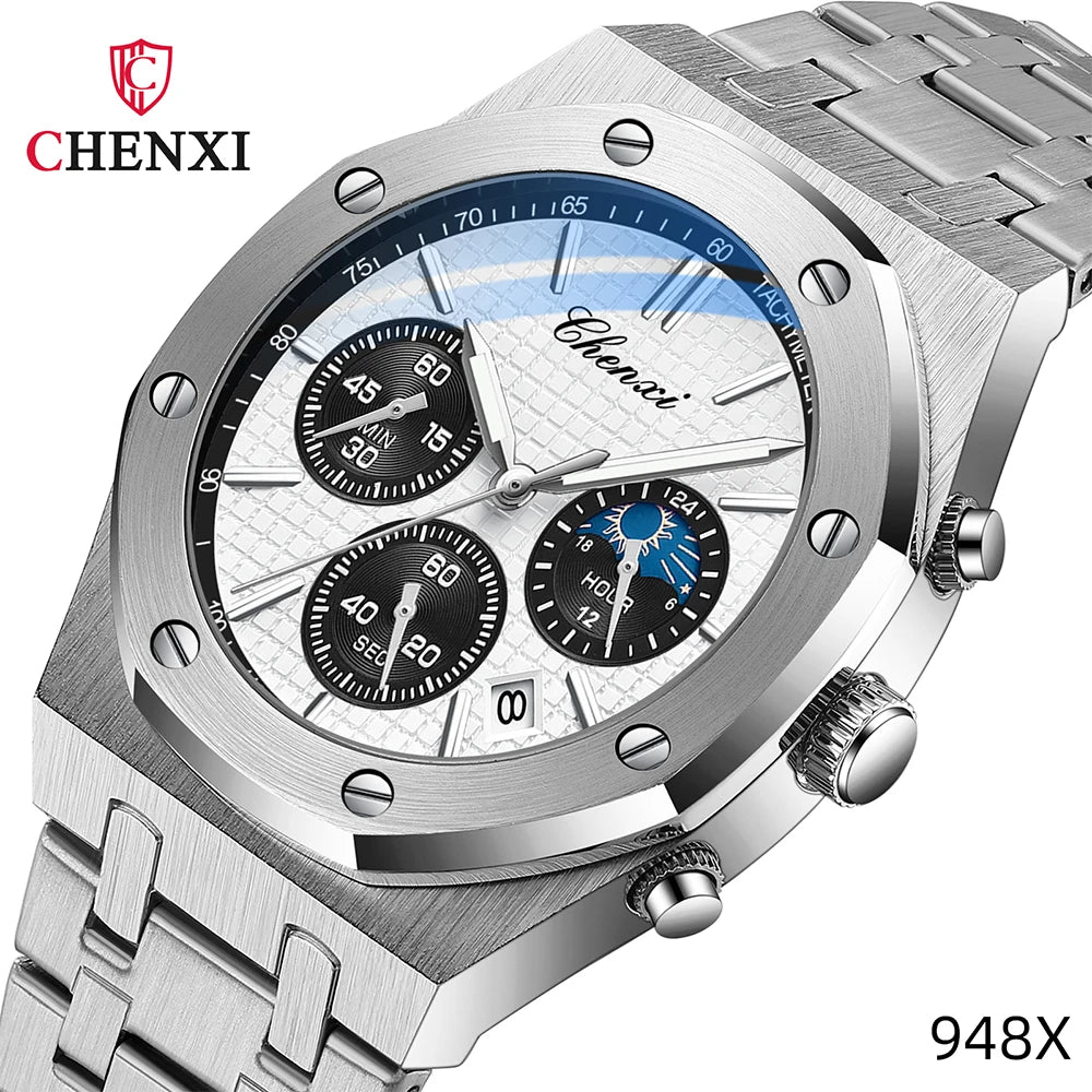 CHENXI Brand Multi-Function Sports Man Watch Luminous Chronograph Steel Strap Waterproof Calendar Quartz Watches Male