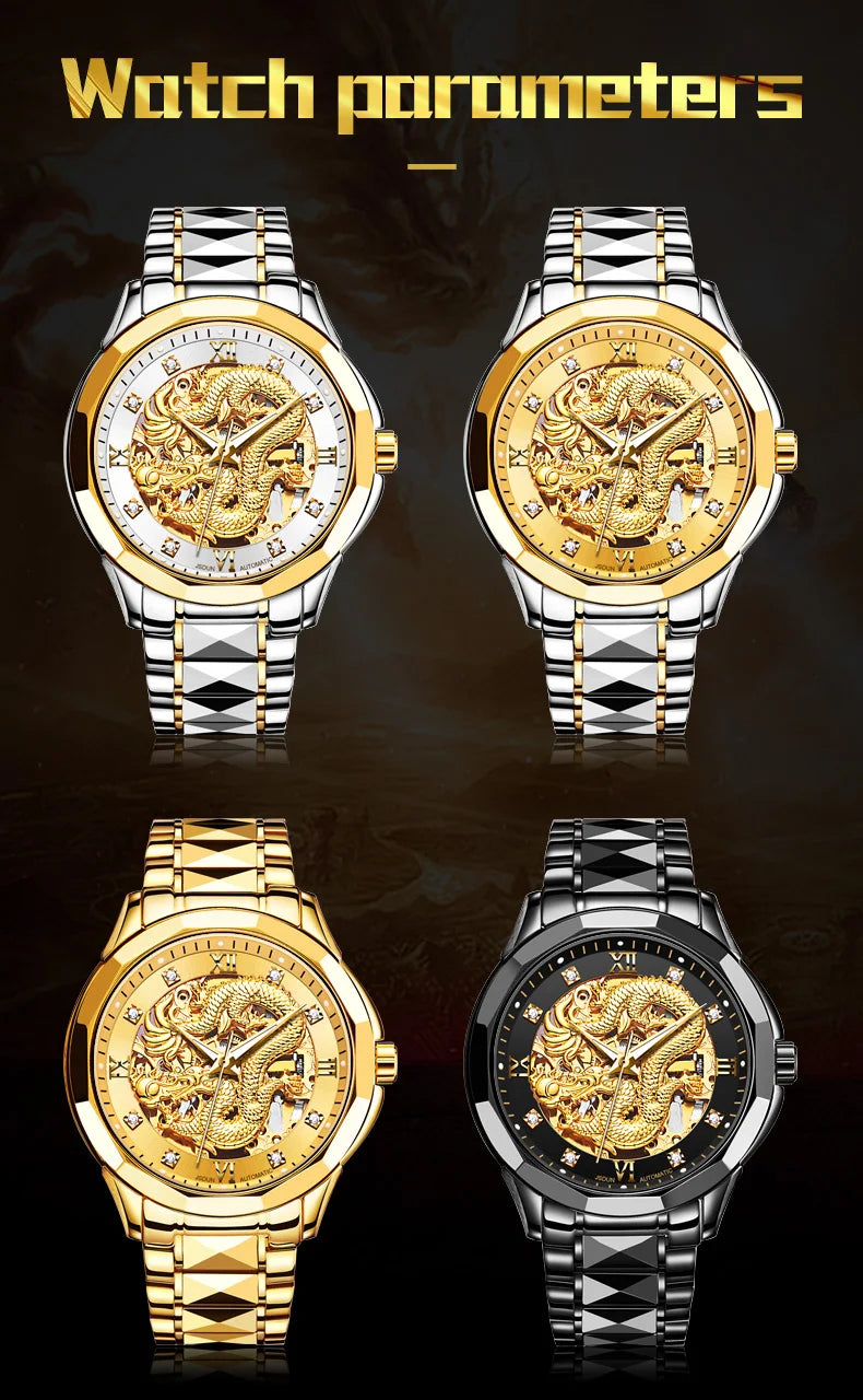 JSDUN Gold 3D Dragon Dial Watch For Men Luxury Brand Automatic Mechanical Watch Stainless Steel Strap Hollow-carved Reloj Hombre
