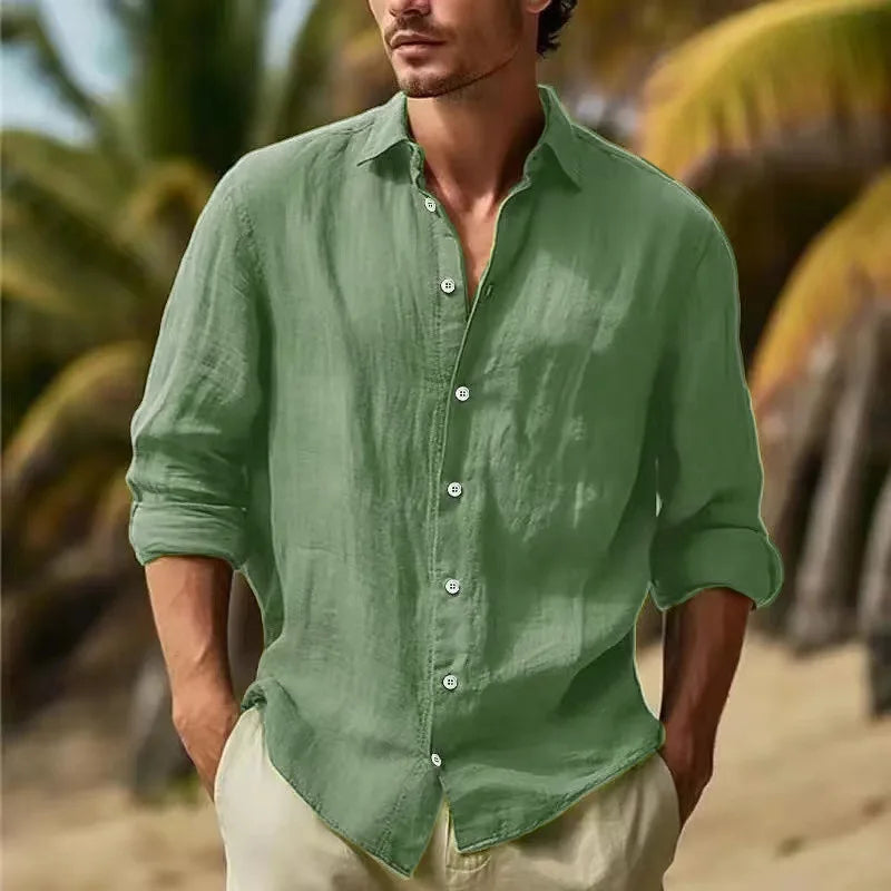 Men's Long-sleeved Top in 2025,Made of Cotton and Linen, Solid Color, Turn-down Collar, in a Casual Style Shirt  linen shirt men