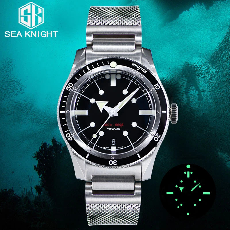 SEA KNIGHT Men 200M Waterproof Diving Watch Sapphire Crystal 316L Steel Mesh Belt C3 Luminous NH35A Automatic Mechanical Watch