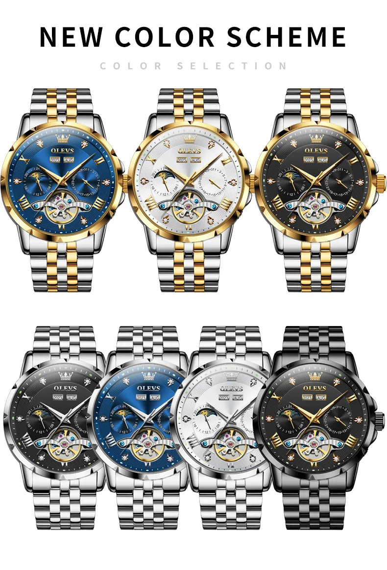 OLEVS Skeleton Multifunctional Men's Watch Automatic Mechanical Luxury Wrist Watch For Men Waterproof Stainless Steel Strap 6691