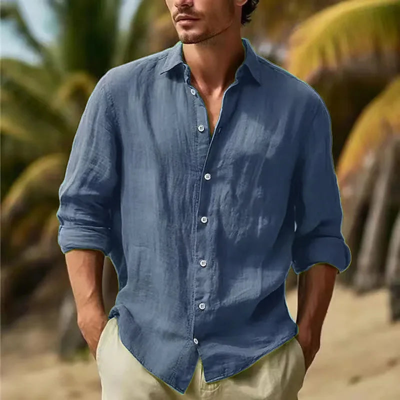 Men's Long-sleeved Top in 2025,Made of Cotton and Linen, Solid Color, Turn-down Collar, in a Casual Style Shirt  linen shirt men