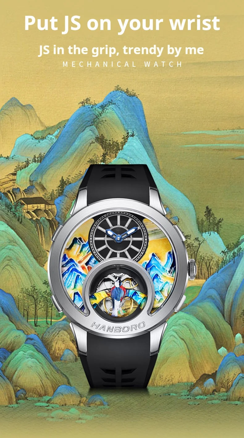 HANBOROThousand Miles Series Oil Painting Personalized Dial Magpie Skeleton Balance Wheel Design Men's Automatic MechanicalWatch