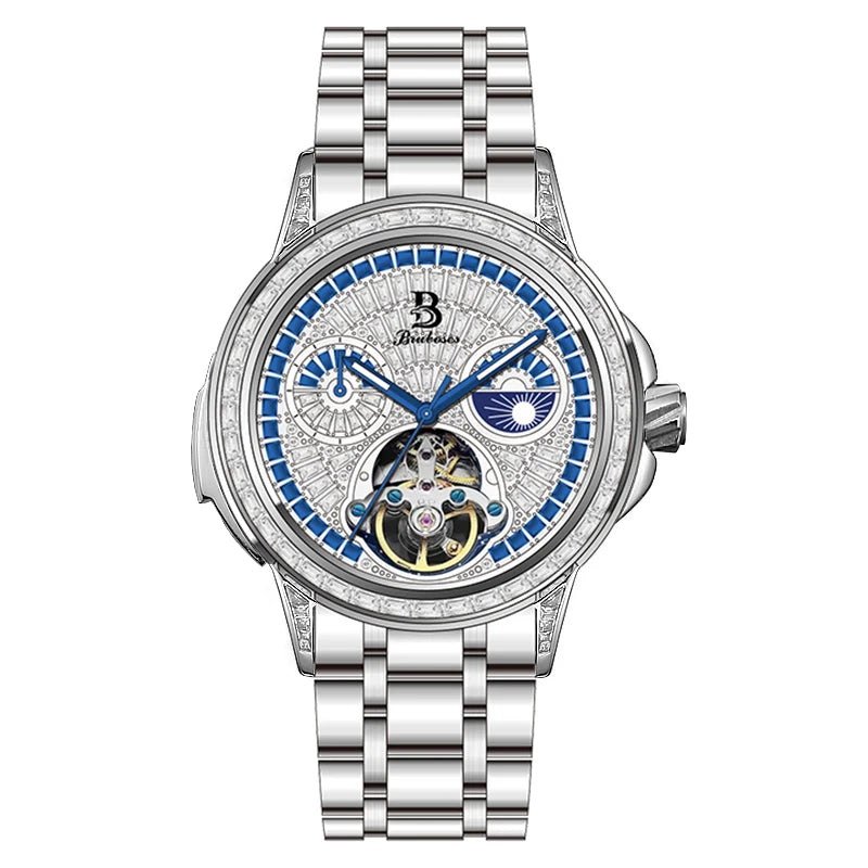 BRUBOSES Men's Skeleton Automatic Mechanical Winding Watch Stainless Steel Sapphire Crystal Waterproof Fashion Sports Watch