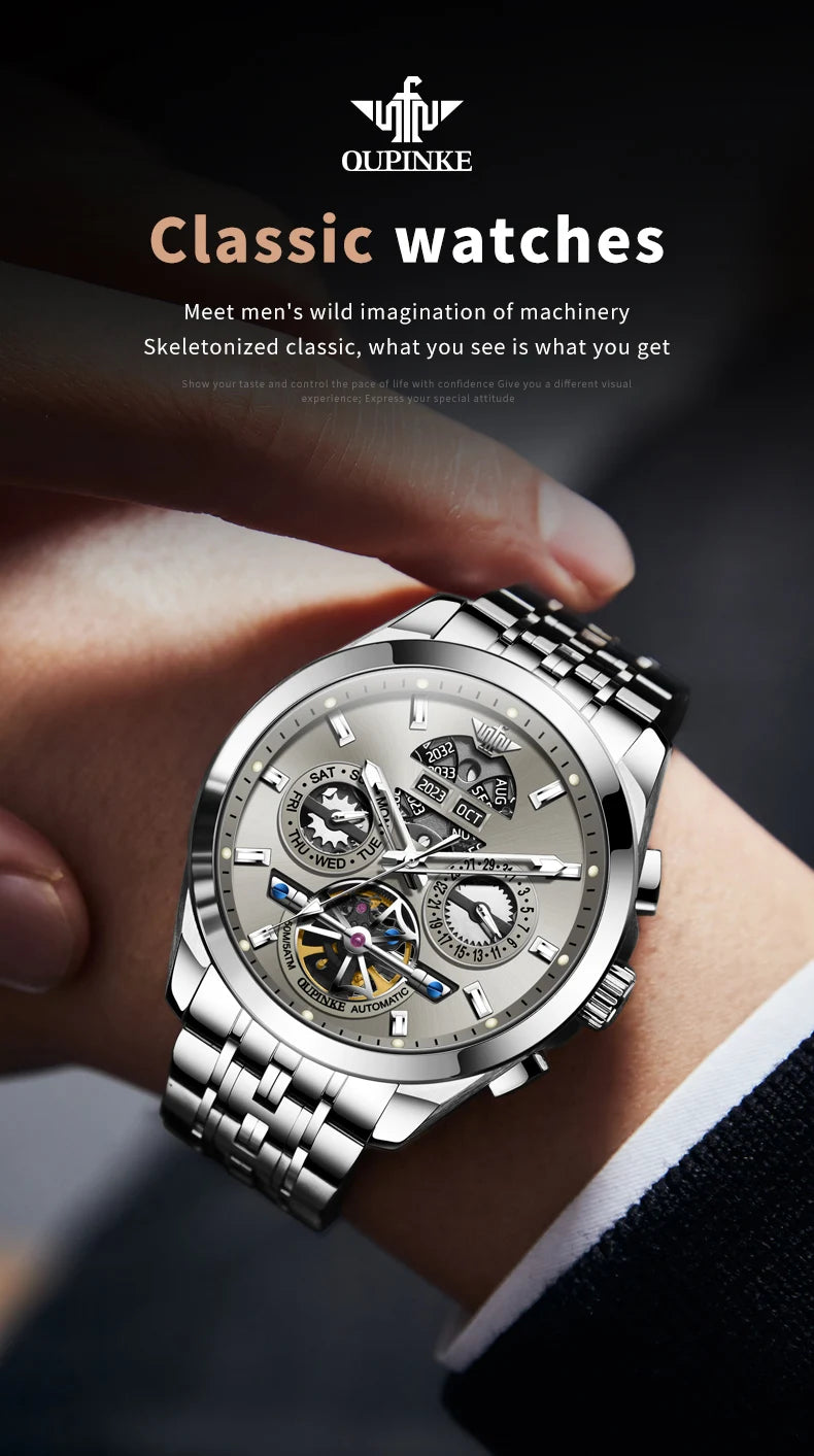 OUPINKE 3251 Watch For Men Auto Date Hollow Skeleton Luxury Automatic Mechanical Hand Clock Top Brand Waterproof Man Watches