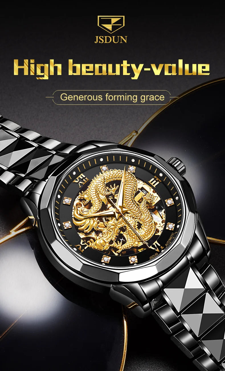 JSDUN Gold 3D Dragon Dial Watch For Men Luxury Brand Automatic Mechanical Watch Stainless Steel Strap Hollow-carved Reloj Hombre