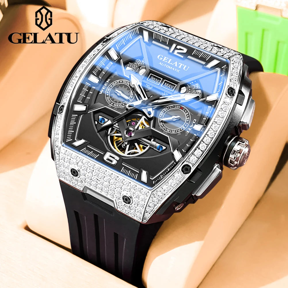 GELATU 6016 High-end Full Diamond Automatic Mechanical Watch for Men Multifunction Hollow Silicone Strap Men's Wristwatches