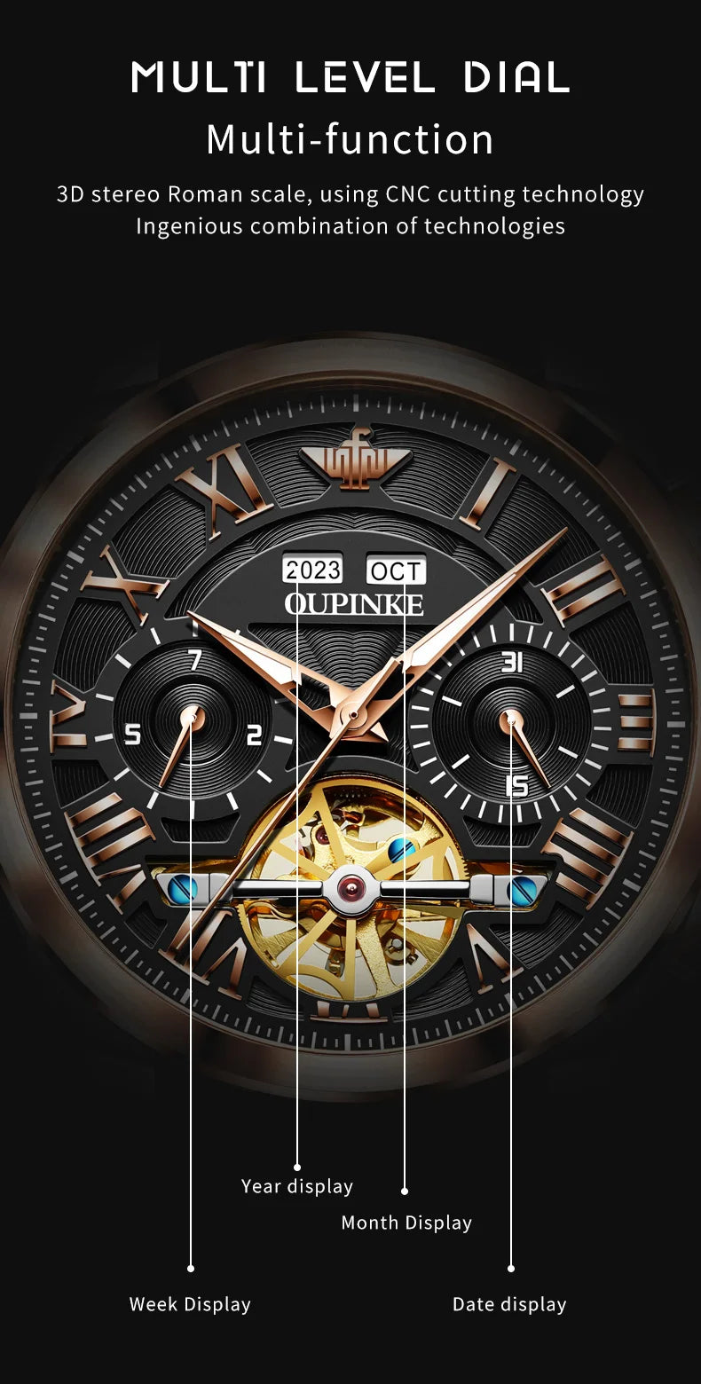 OUPINKE 3236 Men Watch Hollow Skeleton Date Luxury Mechanical Watch For Men Deep Waterproof Roman Scale Male Business Wristwatch