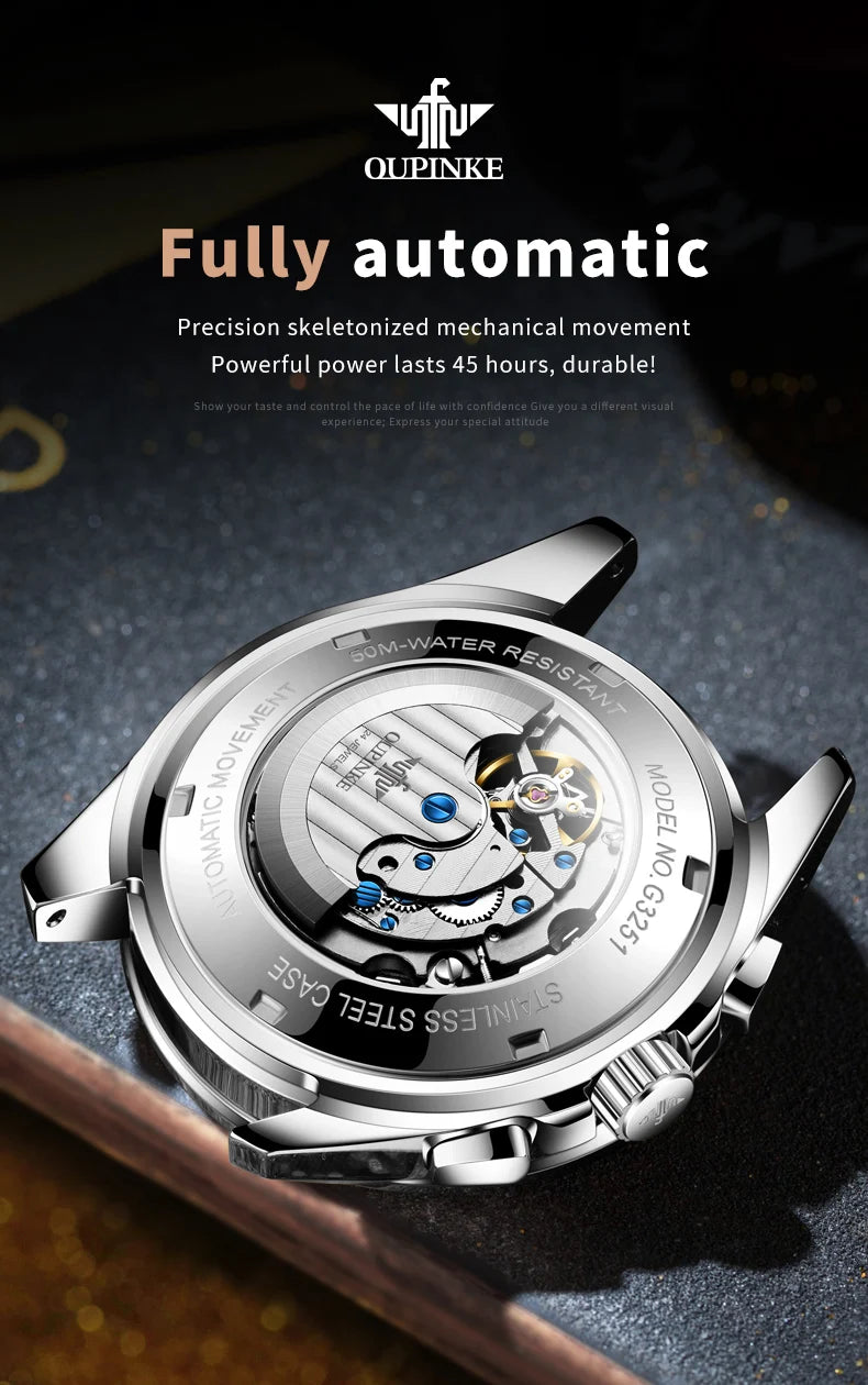 OUPINKE 3251 Watch For Men Auto Date Hollow Skeleton Luxury Automatic Mechanical Hand Clock Top Brand Waterproof Man Watches