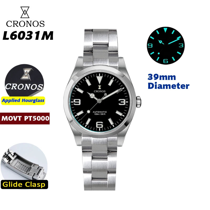 Cronos EX Diver Mechanical Men Watch 39mm Automatic PT5000 Sapphire Glass Bushed Bracelet Glide Clasp 10ATM  L6031