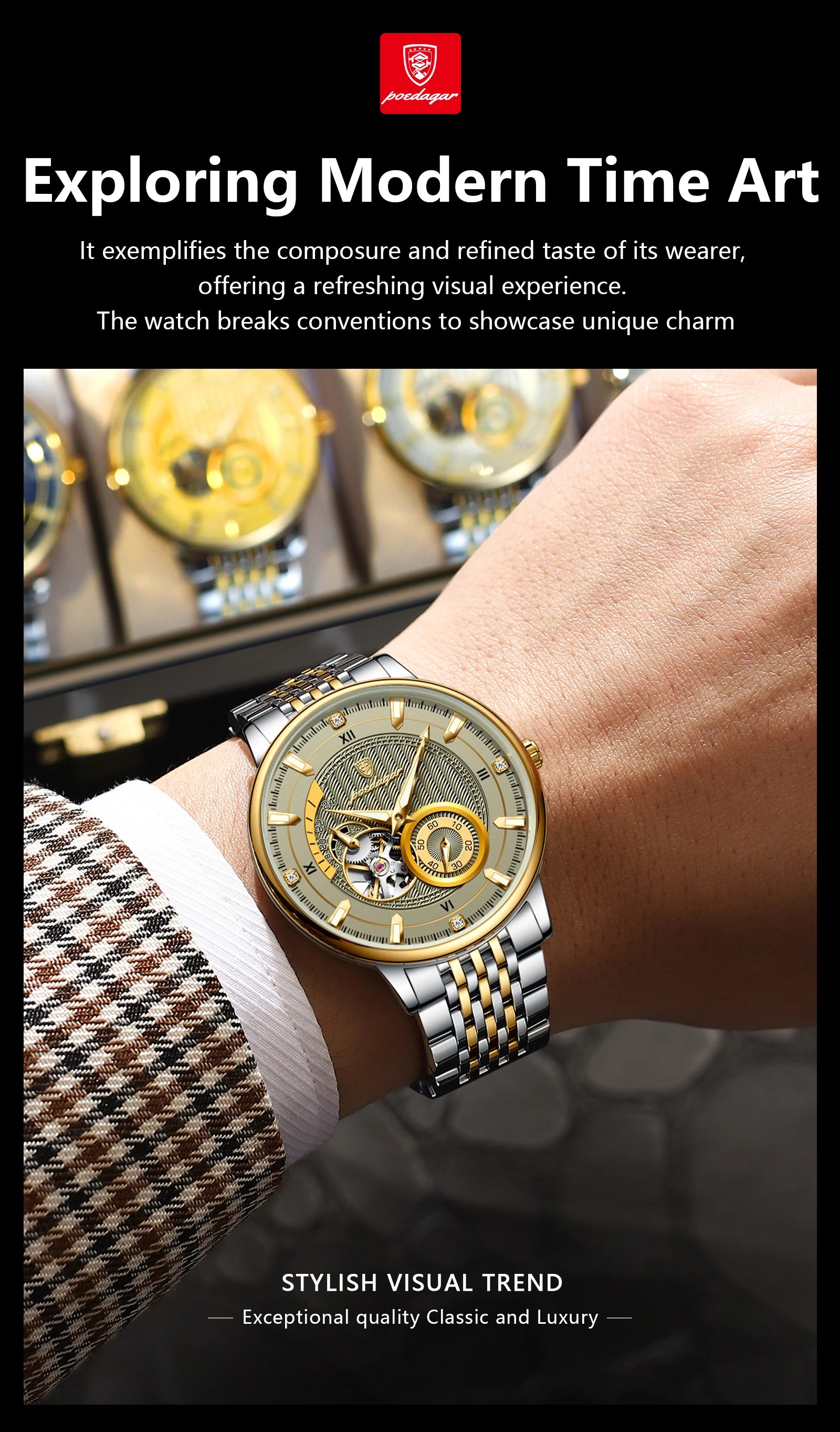 POEDAGAR Luxury Man Wristwatch Top Automatic Mechanical Luminous Men Watch Hollow Tourbillon Stainless Steel Men's Watches Reloj